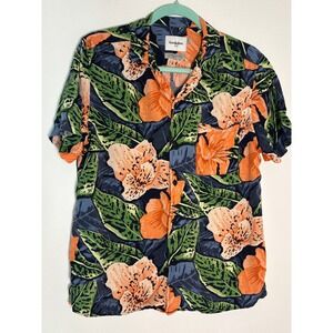 Goodfellow & Co Mens Floral Hawaiian Button Down Shirt Orange Blue Tropical M